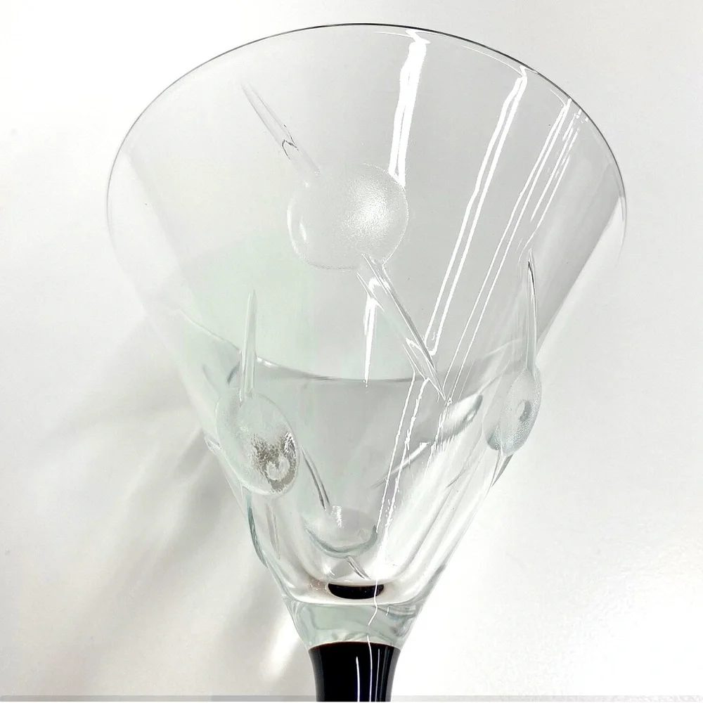 Vintage Barware Retro Raised Olive Martini Glass Set Clear Glass Black Stem